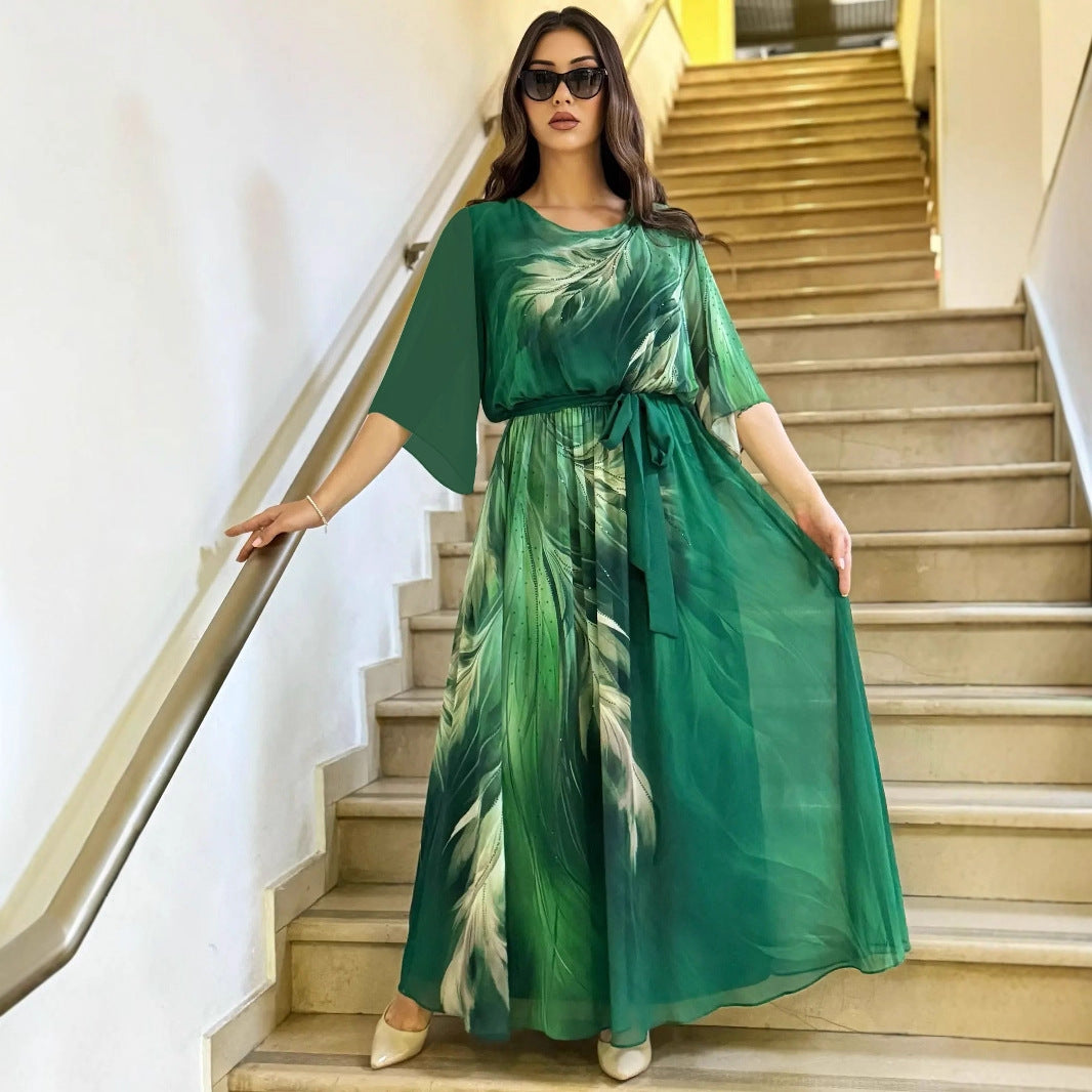 Women’s Emerald Green Leaf Print Maxi Dress – Elegant Flowing Party & Casual Wear